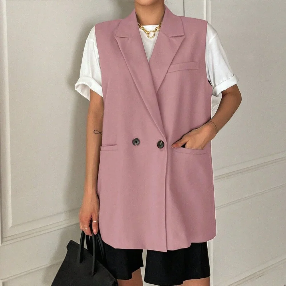 Pink Casual Women's Suit Collar Sleeveless Double-Breasted Vest - Picture 3 of 5